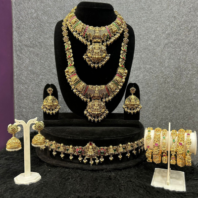 Pink & Green kemp stone antique Lakshmi bridal jewellery